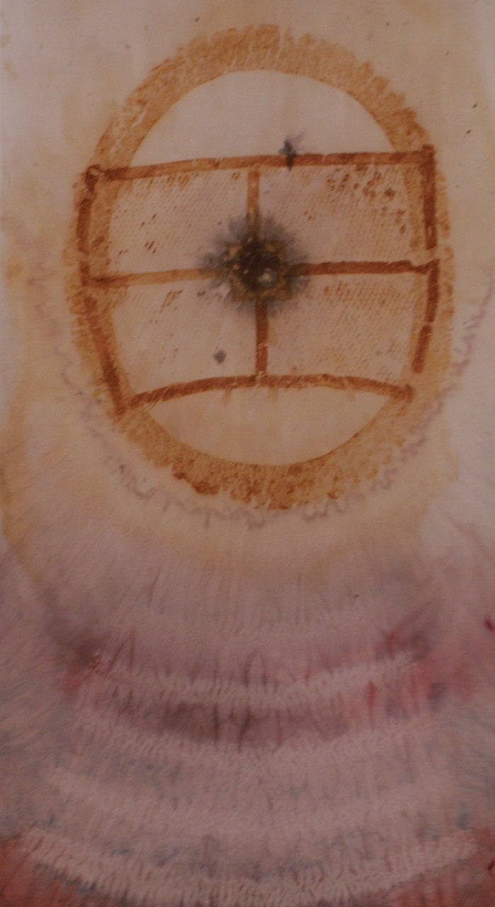 The All Seeing Eye- silk, rust, shibori, natural dyes, 25x47"
