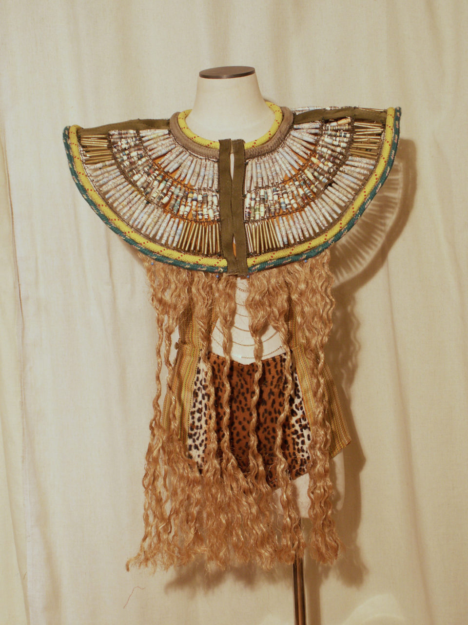 Tiger Collar- paper beads made with national geographic maps and Japanese scenic cards, synthetic rope, floral wire, duffle bag strap, jute rope, 24" Diameter