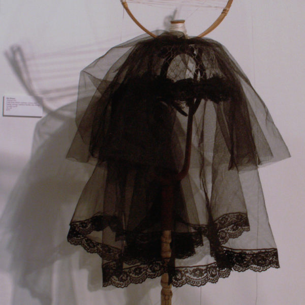 Antenna Veil- tulle from child’s costume, woven wire basket, selvage, bamboo handle, kite string, wooden spool, 18x24”